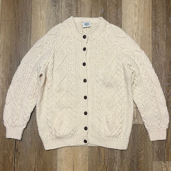 VTG Blarney Cable Knit Cardigan Sweater XL Ivory Aran Wool Fisherman Cottage - Picture 1 of 5